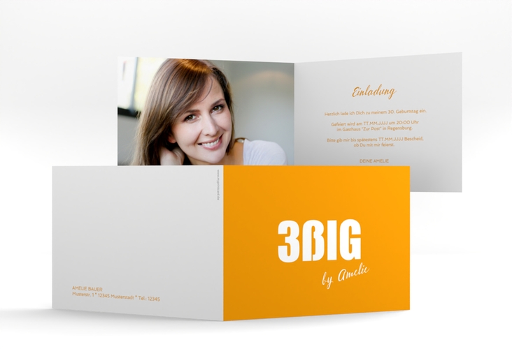 Einladung 30. Geburtstag Zig A6 Klappkarte quer orange