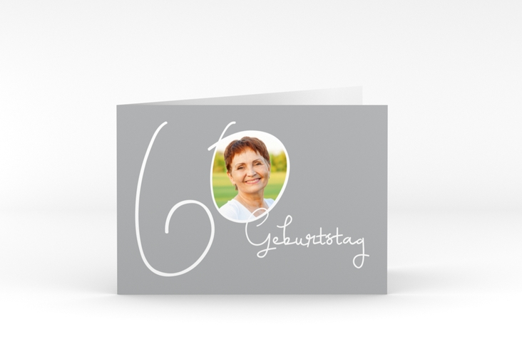 Einladung 60. Geburtstag Swing A6 Klappkarte quer grau hochglanz