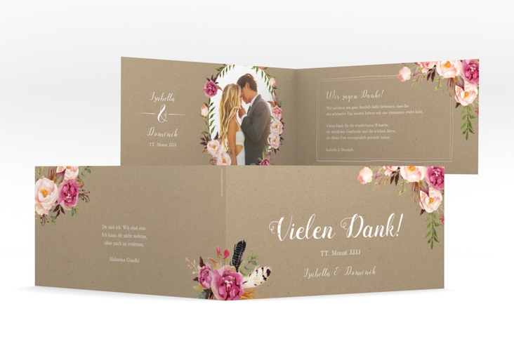 Danksagungskarte Hochzeit Flowers lange Klappkarte quer Kraftpapier hochglanz mit bunten Aquarell-Blumen