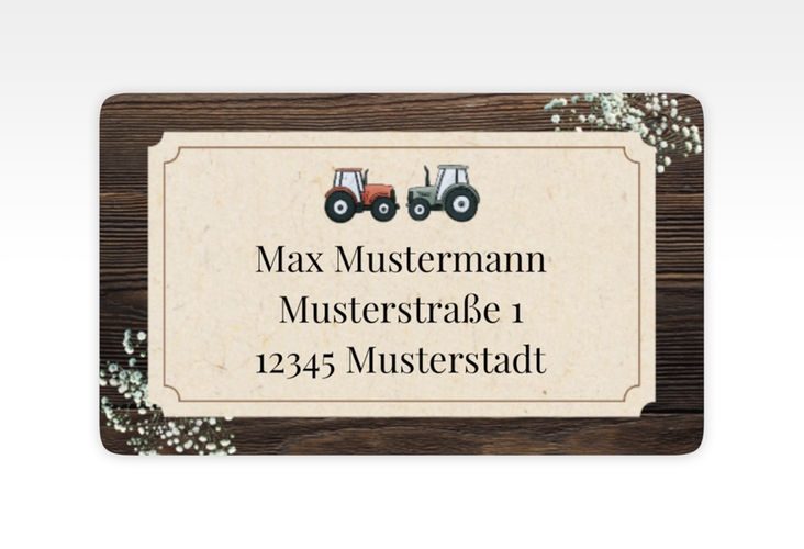 Empfängeretikett Hochzeit Bauernhochzeit 63,5 x 38,1 mm braun in rustikaler Holz-Optik mit Schleierkraut und zwei kleinen Traktoren