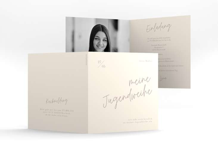 Einladungskarte Jugendweihe Frisch quadr. Klappkarte beige