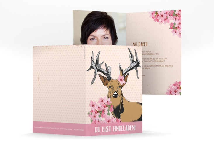 Einladung 50. Geburtstag Platzhirsch A6 Klappkarte hoch rosa