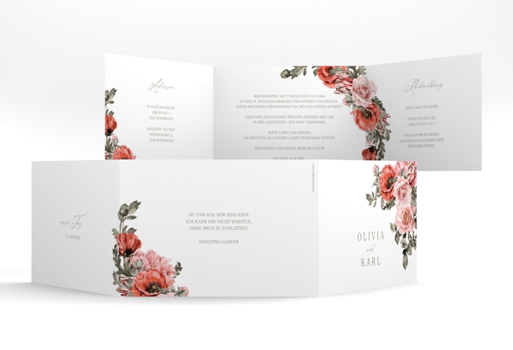 Hochzeitseinladung Grazioso A6 Doppel-Klappkarte weiss hochglanz modern mit Mohnblumen und Rosen