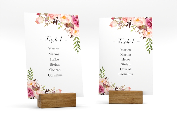 Tischaufsteller Hochzeit Flowers Tischaufsteller weiss mit bunten Aquarell-Blumen
