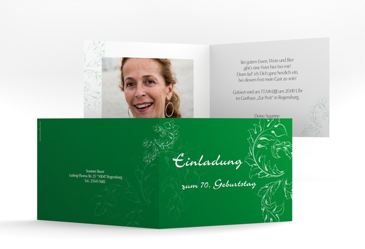 Einladung 70. Geburtstag Peter/Petra A6 Klappkarte quer gruen
