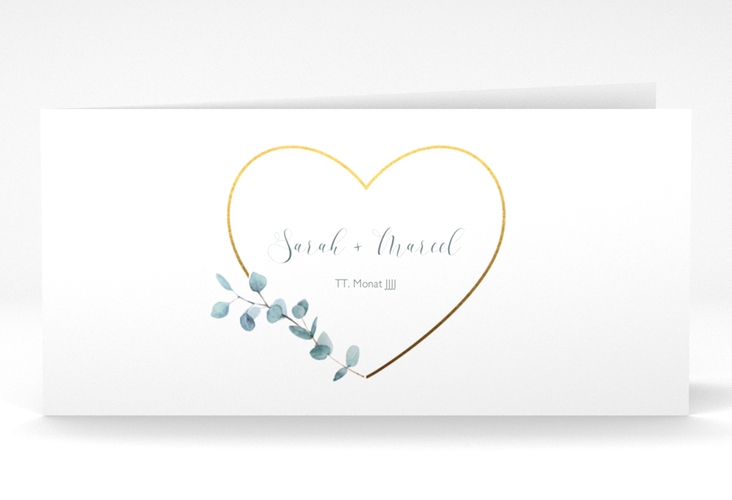 Danksagungskarte Hochzeit Greenheart lange Klappkarte quer gold mit elegantem Herz und Eukalyptus-Zweig