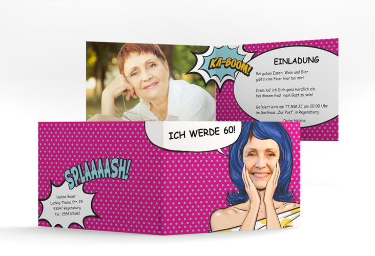 Einladung 60. Geburtstag Popart Woman A6 Klappkarte quer