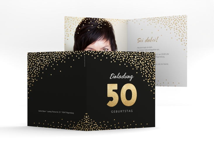 Einladung 50. Geburtstag Glitzer quadr. Klappkarte gold