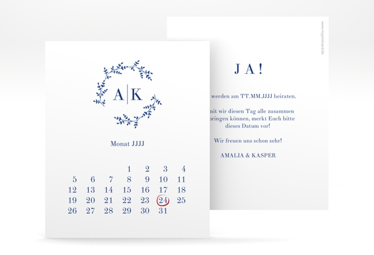 Save the Date-Kalenderblatt Filigrana Kalenderblatt-Karte blau in reduziertem Design mit Initialen und zartem Blätterkranz
