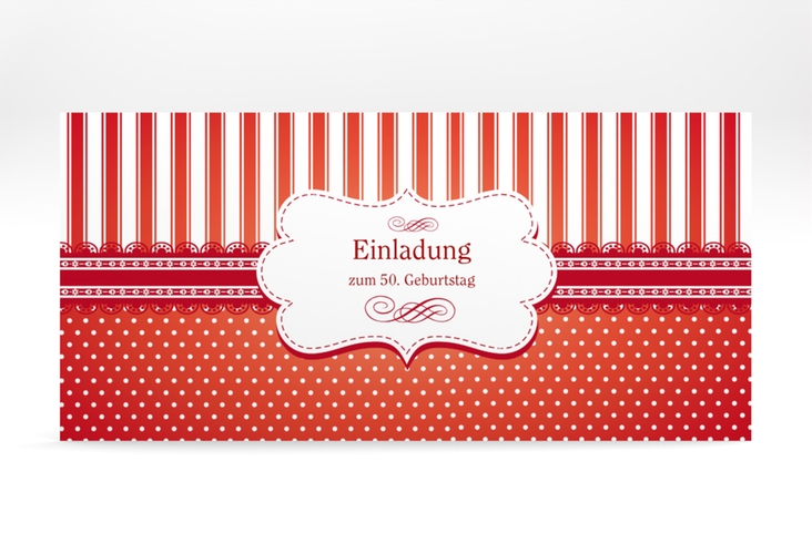 Einladung 50. Geburtstag Heinrich/Henriette lange Karte quer rot mit frechen Polka Dots