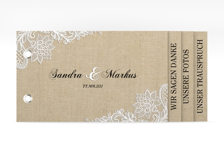 Danksagungskarte Hochzeit Lace Booklet hochglanz in Leinen-Optik mit weißer Spitze