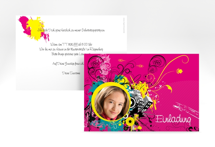Einladungskarte Kindergeburtstag Daniel/Daniela A6 Karte quer pink hochglanz