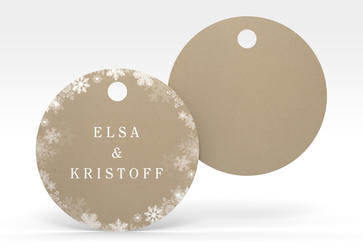 Geschenkanhänger Hochzeit Snowfall Geschenkanhänger, rund Kraftpapier mit Schneeflocken für Winterhochzeit