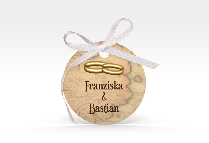 Geschenkanhänger Hochzeit Zwei Ringe Geschenkanhänger, rund beige mit Eheringen und Fantasy-Landkarte