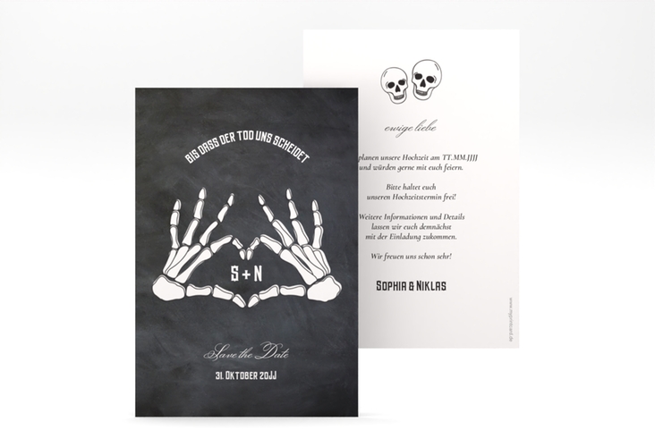 Save the Date-Karte Skeleton A6 Karte hoch schwarz mit Skelett-Händen