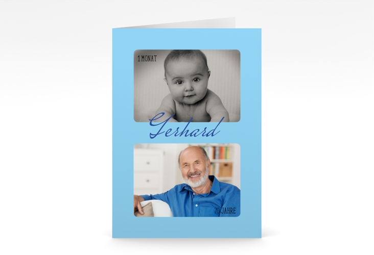 Einladung 70. Geburtstag Zeitlos A6 Klappkarte hoch blau mit Damals- und Heute-Fotos