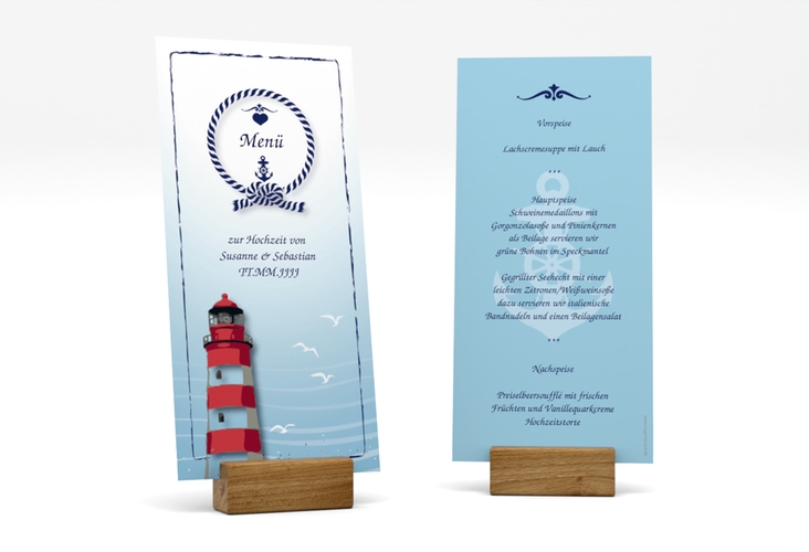 Menükarte Hochzeit Sylt lange Karte hoch blau hochglanz mit Leuchtturm