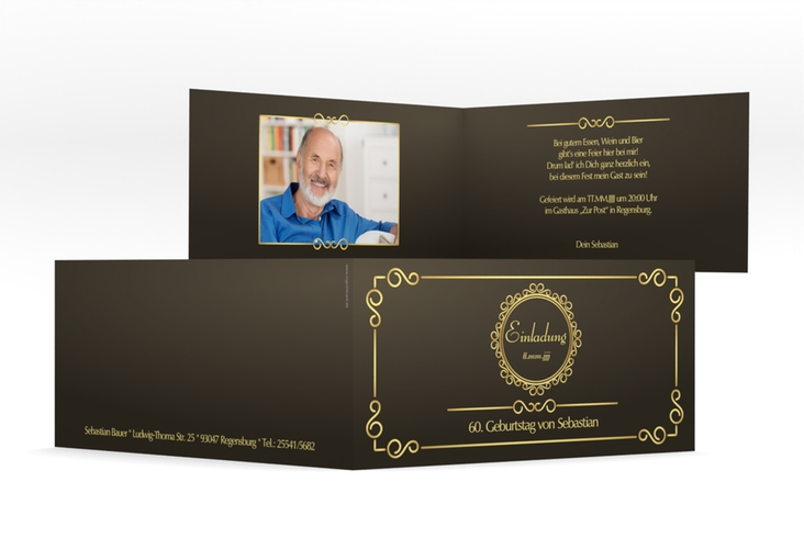 Einladung 60. Geburtstag Bert/Berta lange Klappkarte quer braun