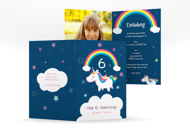 Einladungskarte Kindergeburtstag Unicorn A6 Klappkarte hoch mit Einhorn und Regenbogen