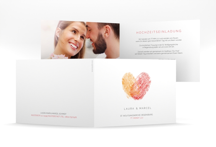 Hochzeitseinladung Fingerprint mittlere Klappkarte quer rot schlicht mit Fingerabdruck-Motiv