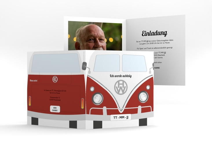 Einladung 80. Geburtstag Bulli Bus quadr. Klappkarte rot hochglanz