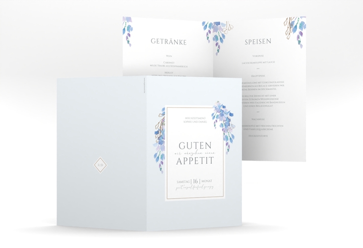 Menükarte Hochzeit Blauregen A5 Klappkarte hoch blau mit Wisteria-Blüten