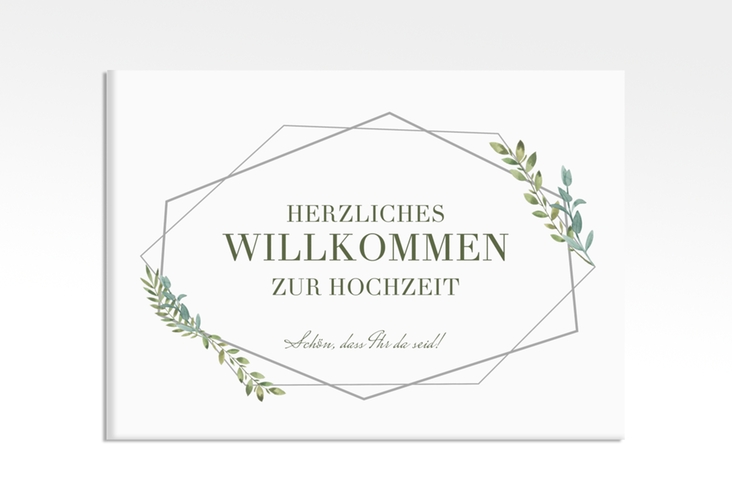 Willkommensschild Leinwand Herbarium 70 x 50 cm Leinwand grau mit geometrischem Rahmen und Blätter-Dekor