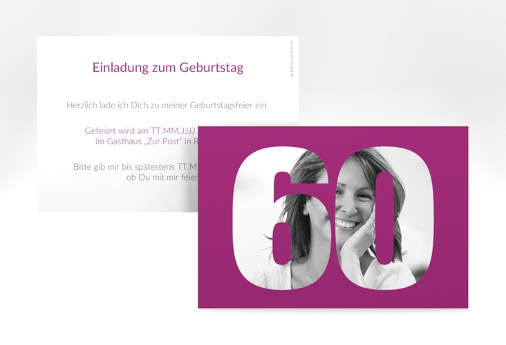 Einladung 60. Geburtstag Numbers A6 Karte quer pink