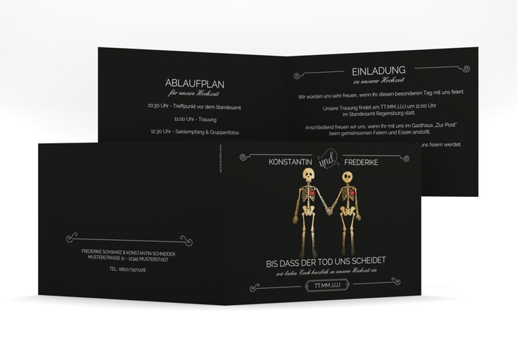 Hochzeitseinladung Bones mittlere Klappkarte quer schwarz hochglanz