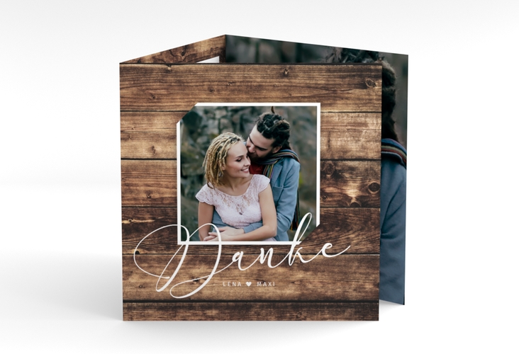 Dankeskarte Hochzeit Rustic quadr. Doppel-Klappkarte hochglanz in Holz-Optik mit Foto