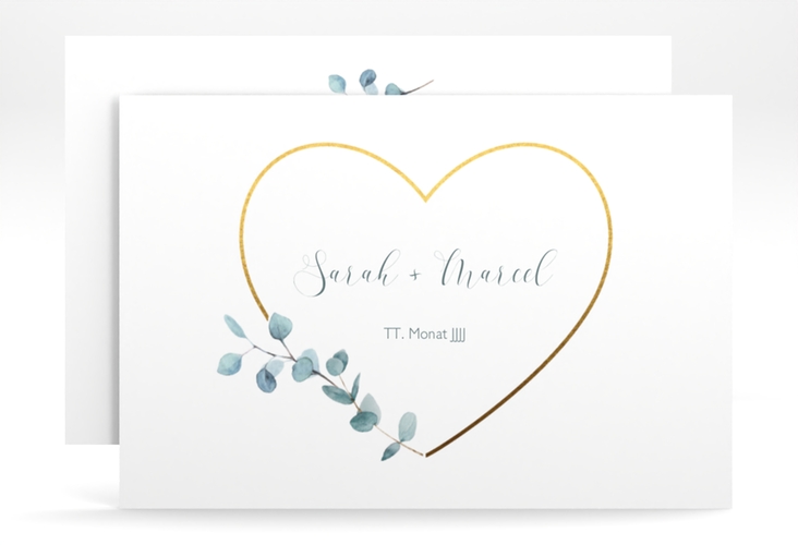 Save the Date-Karte Greenheart A6 Karte quer hochglanz mit elegantem Herz und Eukalyptus-Zweig
