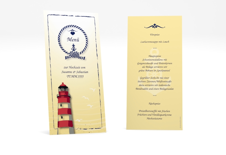 Menükarte Hochzeit Sylt lange Karte hoch gelb mit Leuchtturm