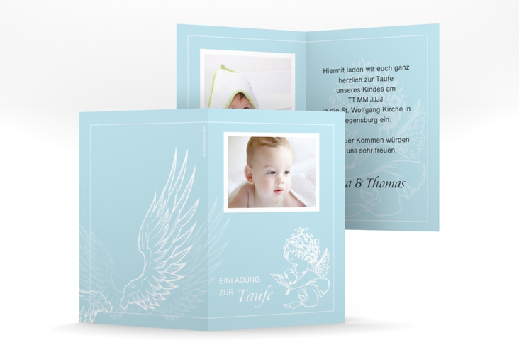 Einladungskarte Taufe Angel A6 Klappkarte hoch blau hochglanz