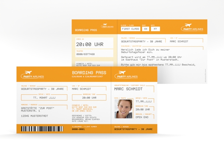 Einladung 30. Geburtstag Boardingpass lange Karte quer orange hochglanz im Flugticket-Design