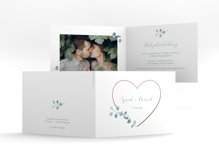 Hochzeitseinladung Greenheart A6 Klappkarte quer rosa hochglanz mit elegantem Herz und Eukalyptus-Zweig