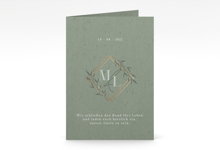 Hochzeitseinladung Greenletter A6 Klappkarte hoch hochglanz mit Initialen in elegantem Goldrahmen mit Blättern