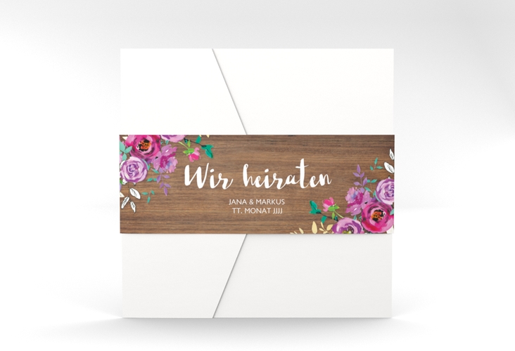 Hochzeitseinladung Flourish Pocketfold braun mit floraler Bauernmalerei auf Holz