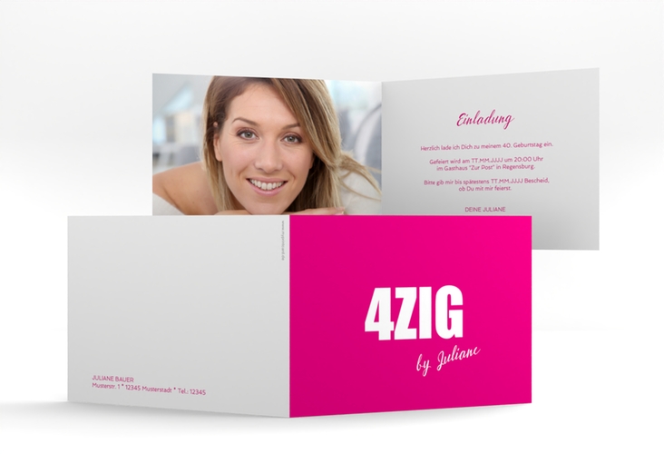 Einladung 40. Geburtstag Zig A6 Klappkarte quer pink hochglanz