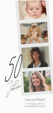 Einladung 50. Geburtstag Fotostreifen lange Karte hoch weiss