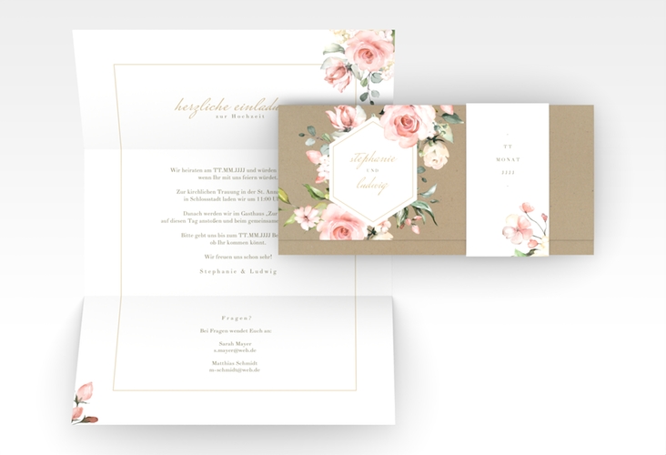 Hochzeitseinladung Graceful Wickelfalzkarte + Banderole Kraftpapier mit Rosenblüten in Rosa und Weiß