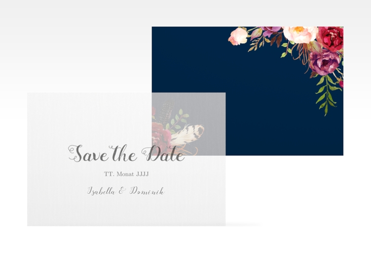 Save the Date Deckblatt Transparent Flowers A6 Deckblatt transparent blau hochglanz mit bunten Aquarell-Blumen