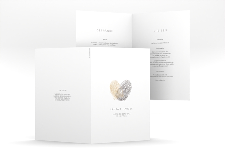Menükarte Hochzeit Fingerprint A5 Klappkarte hoch beige hochglanz schlicht mit Fingerabdruck-Motiv