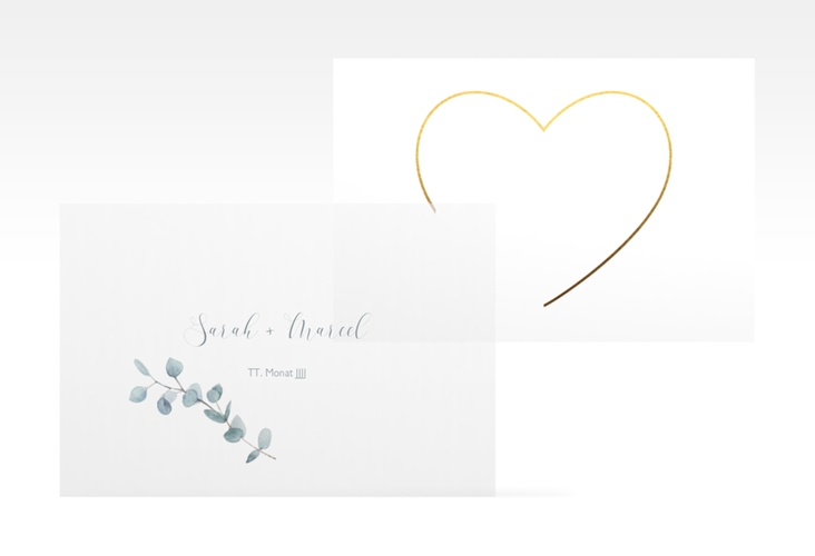 Save the Date Deckblatt Transparent "Greenheart" DIN A6 Deckblatt transparent gold mit elegantem Herz und Eukalyptus-Zweig