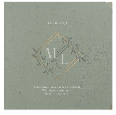 Klick: Details zu Gästebuch Selection Hochzeit "Greenletter" anzeigen Gästebuch Selection Hochzeit Greenletter Leinen-Hardcover gruen mit Initialen in elegantem Goldrahmen mit Blättern