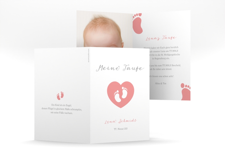 Taufeinladung Footprint A6 Klappkarte hoch rosa hochglanz