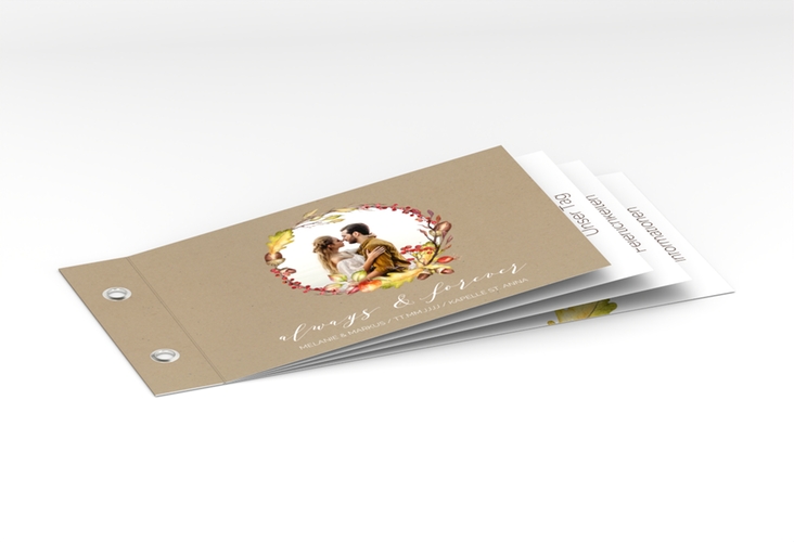 Hochzeitseinladung Herbstlich Booklet Kraftpapier hochglanz mit Eichenlaub und Foto