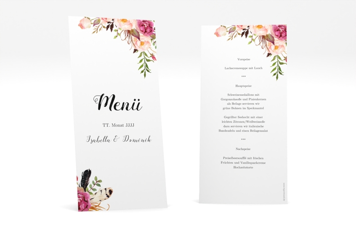 Menükarte Hochzeit Flowers lange Karte hoch weiss hochglanz mit bunten Aquarell-Blumen