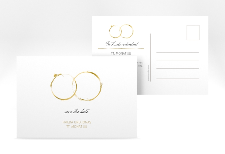 Save the Date-Postkarte Trauringe A6 Postkarte hochglanz minimalistisch gestaltet mit zwei Eheringen