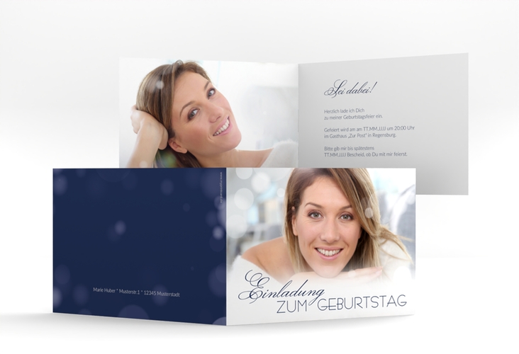 Einladung 40. Geburtstag Luminous A6 Klappkarte quer blau