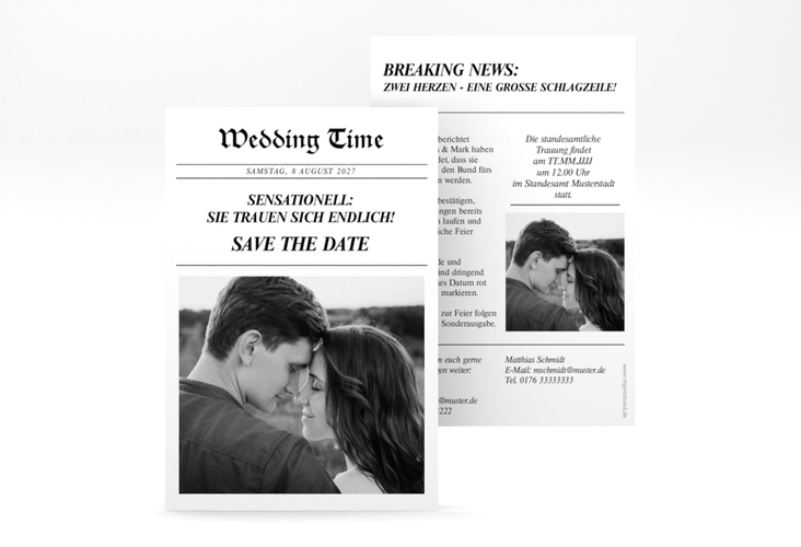 Save the Date-Karte Wedding Time A6 Karte hoch im Stil einer Zeitung